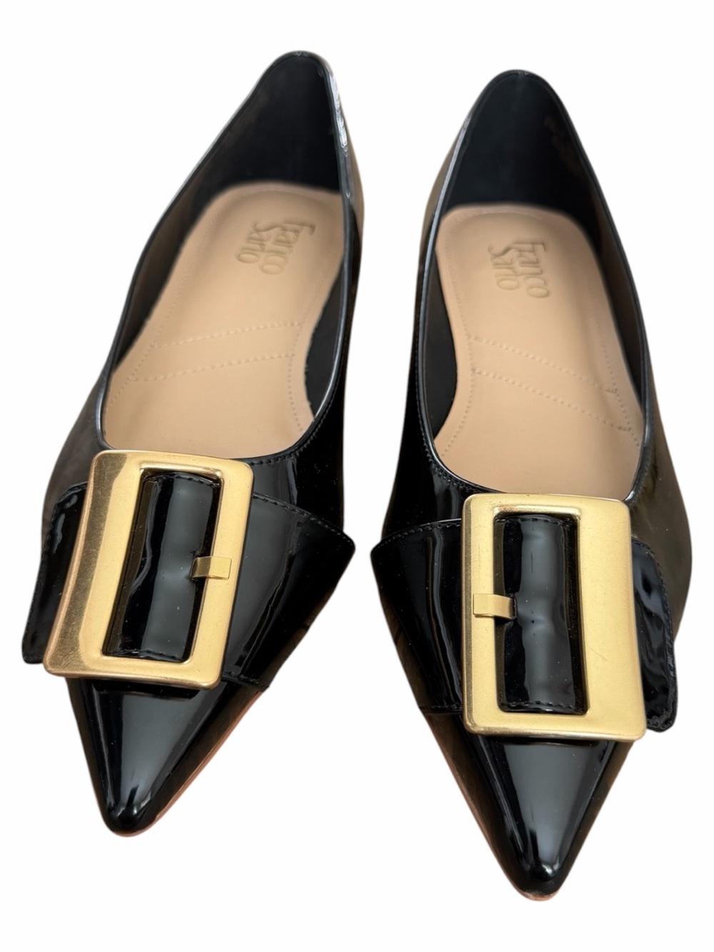 Franco Sarto Black Patent Pointed Flats with Gold Buckle Accent - Picture 2 of 7
